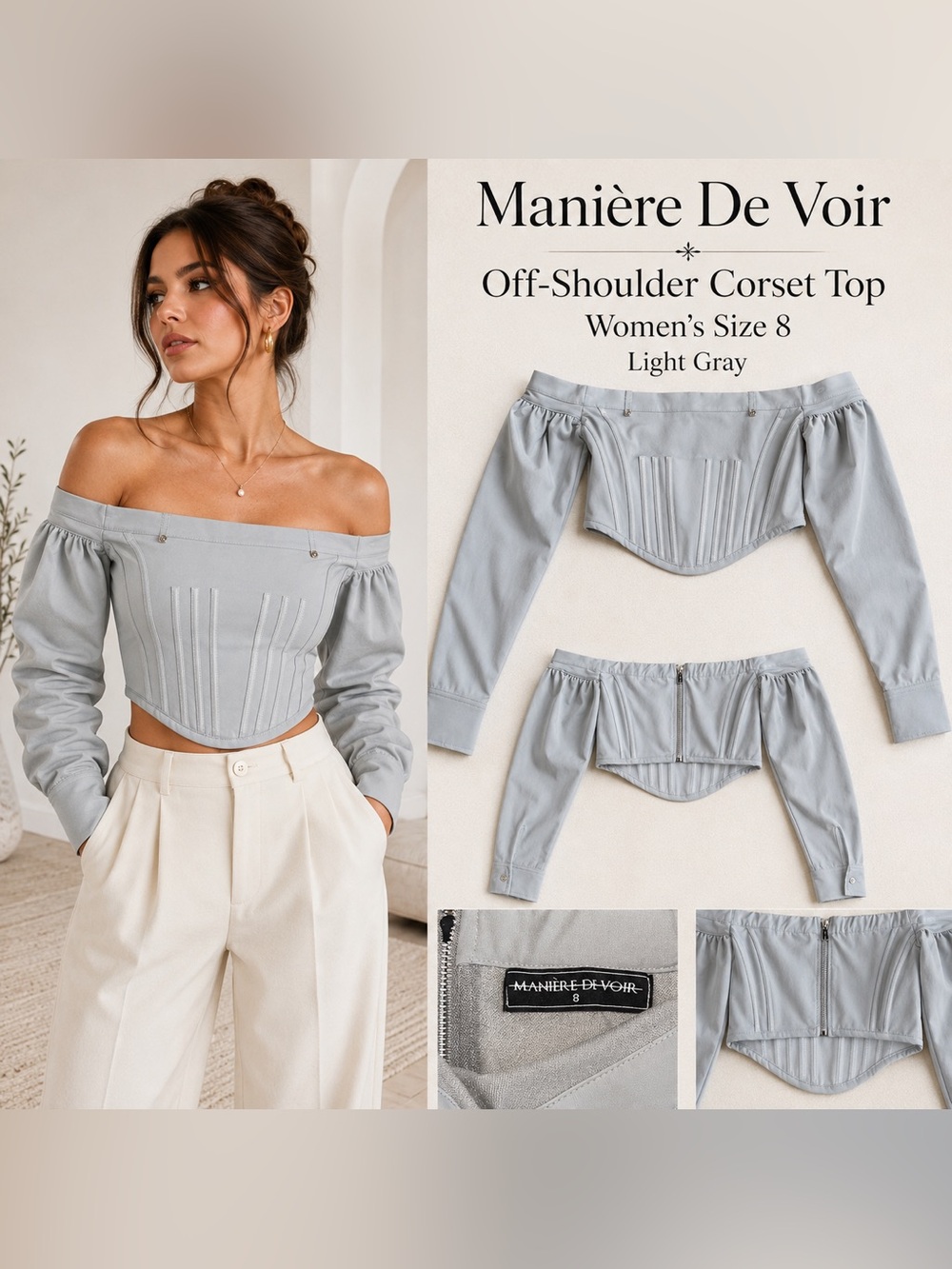 Manière De Voir Gray Off Shoulder Corset Top Long Sleeve Women’s Size 8
